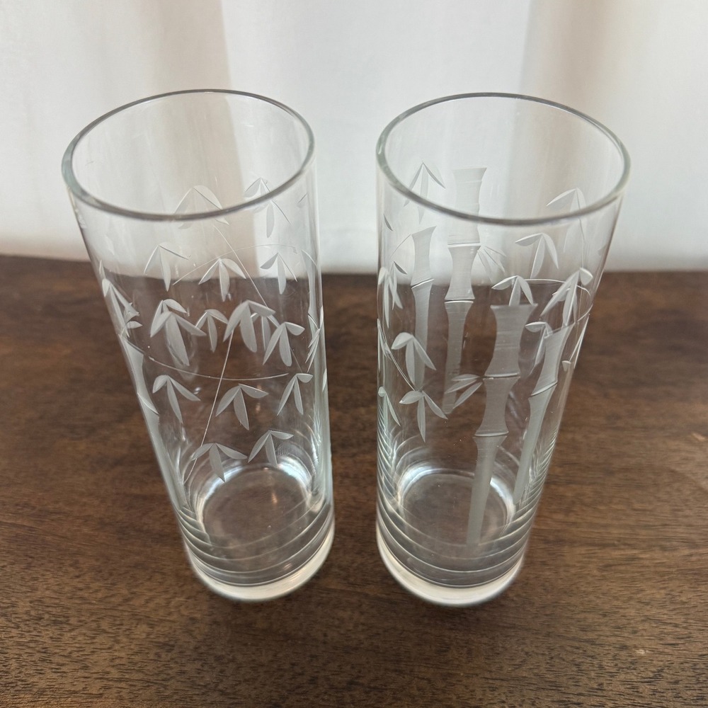 VTG PAIR (2) Noritake Sasaki Bamboo Etched Tom Collins Glass MCM 7" Tall